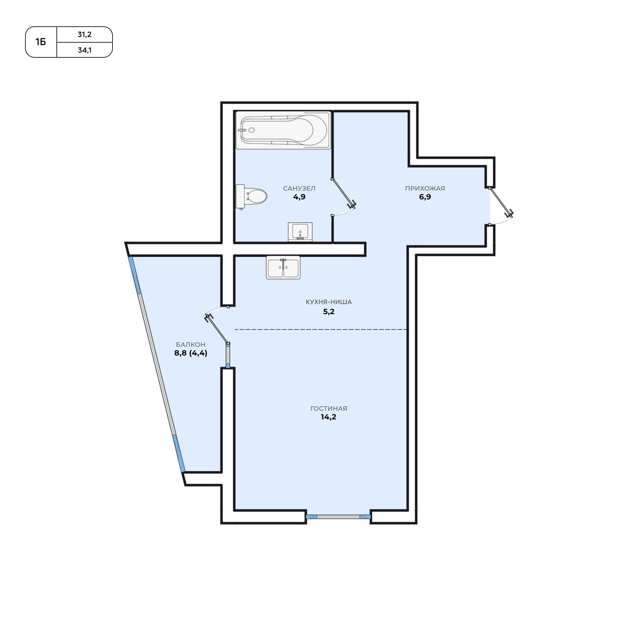 1-комнатная квартира от 34.1 кв. м